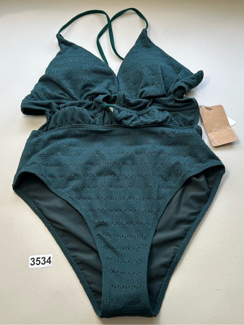 Berlook One Piece Swimsuit XL Dark Green Textured Plunge